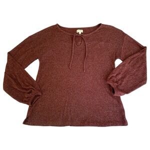 Wonderly Shirt Women M‎ Burgundy Long Sleeve Tie Neck Waffle Knit Pullover Top